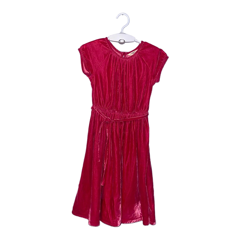Lands End Kids - Girls Pink Velvet Dress Size 7  Hot Pink Belted